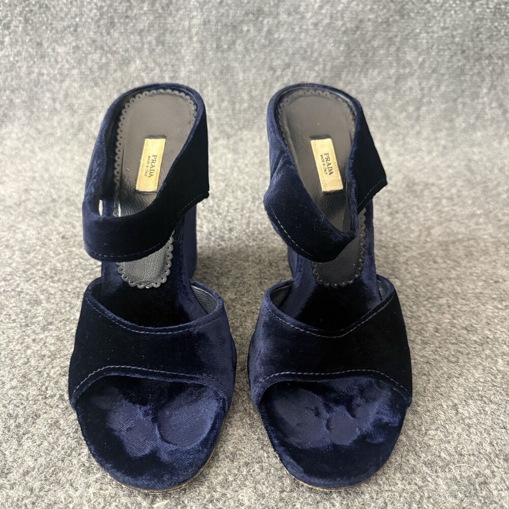 VTG Prada Navy Blue Velvet Wedge Slide Open Toe Mules Sandals Italy 39 Romantic